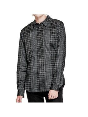 💠GUESS Mens XS Slim Fit Black Green Grid Print Long Sleeve Button Down Shirt